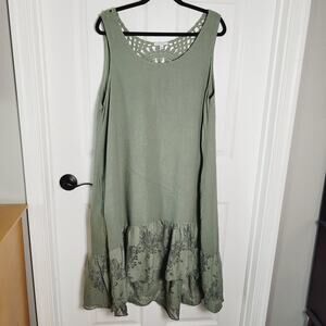 Cristina Vergani Dress Womens XL Linen Lace Hem Crochet Boho Made Italy Pockets